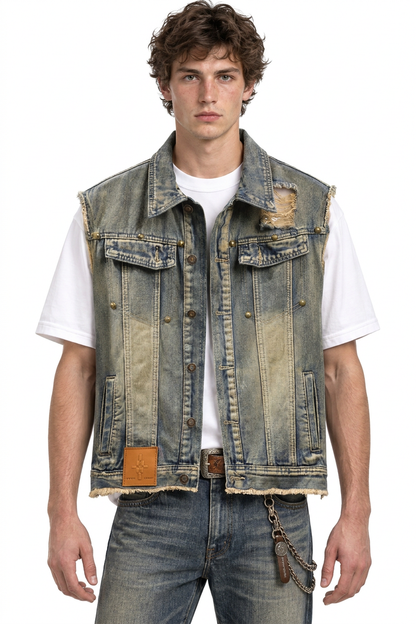Men's Vintage Distressed Sleeveless Denim Vest