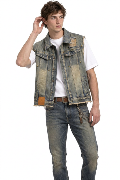 Men's Vintage Distressed Sleeveless Denim Vest