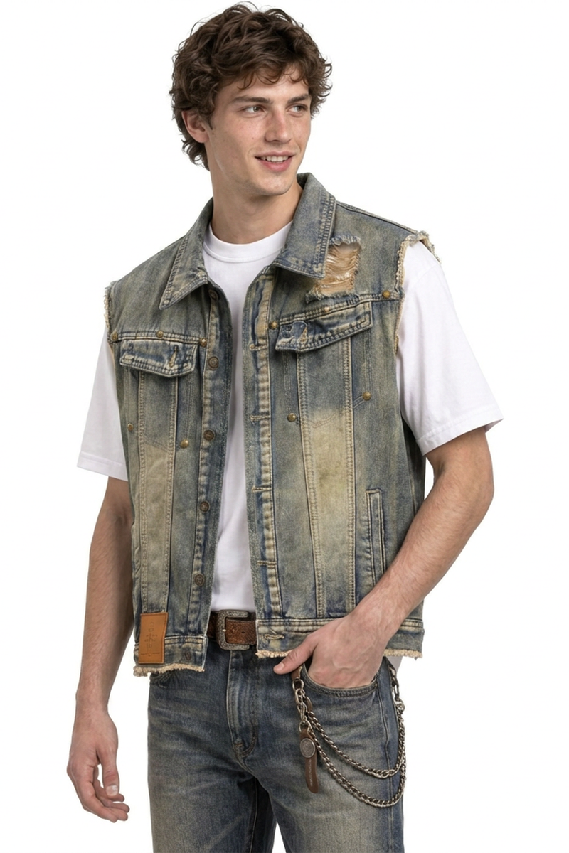 Men's Vintage Distressed Sleeveless Denim Vest