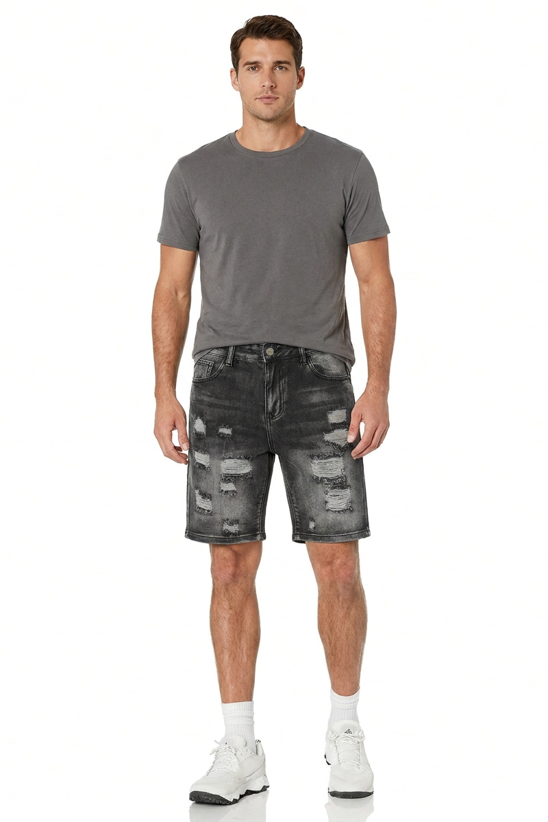 Men's Vintage Black Distressed Ripped Denim Shorts