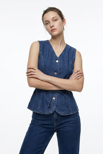 Women's Blue V-Neck Button-Front Denim Waistcoat
