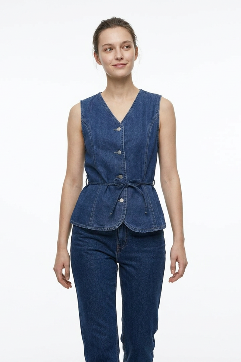 Women's Blue V-Neck Button-Front Denim Waistcoat