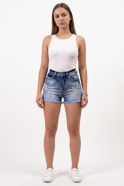 Women's Vintage Wash High-Waisted Ripped Denim Shorts