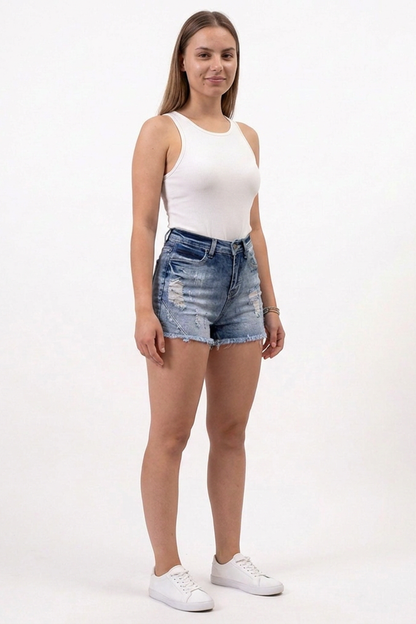 Women's Vintage Wash High-Waisted Ripped Denim Shorts