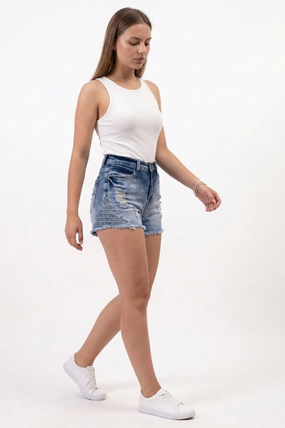 Women's Vintage Wash High-Waisted Ripped Denim Shorts