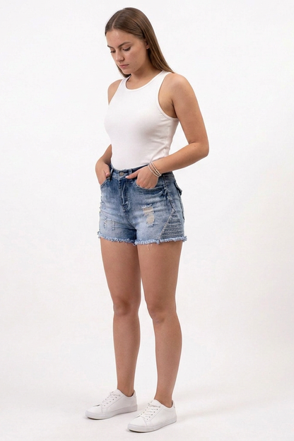 Women's Vintage Wash High-Waisted Ripped Denim Shorts