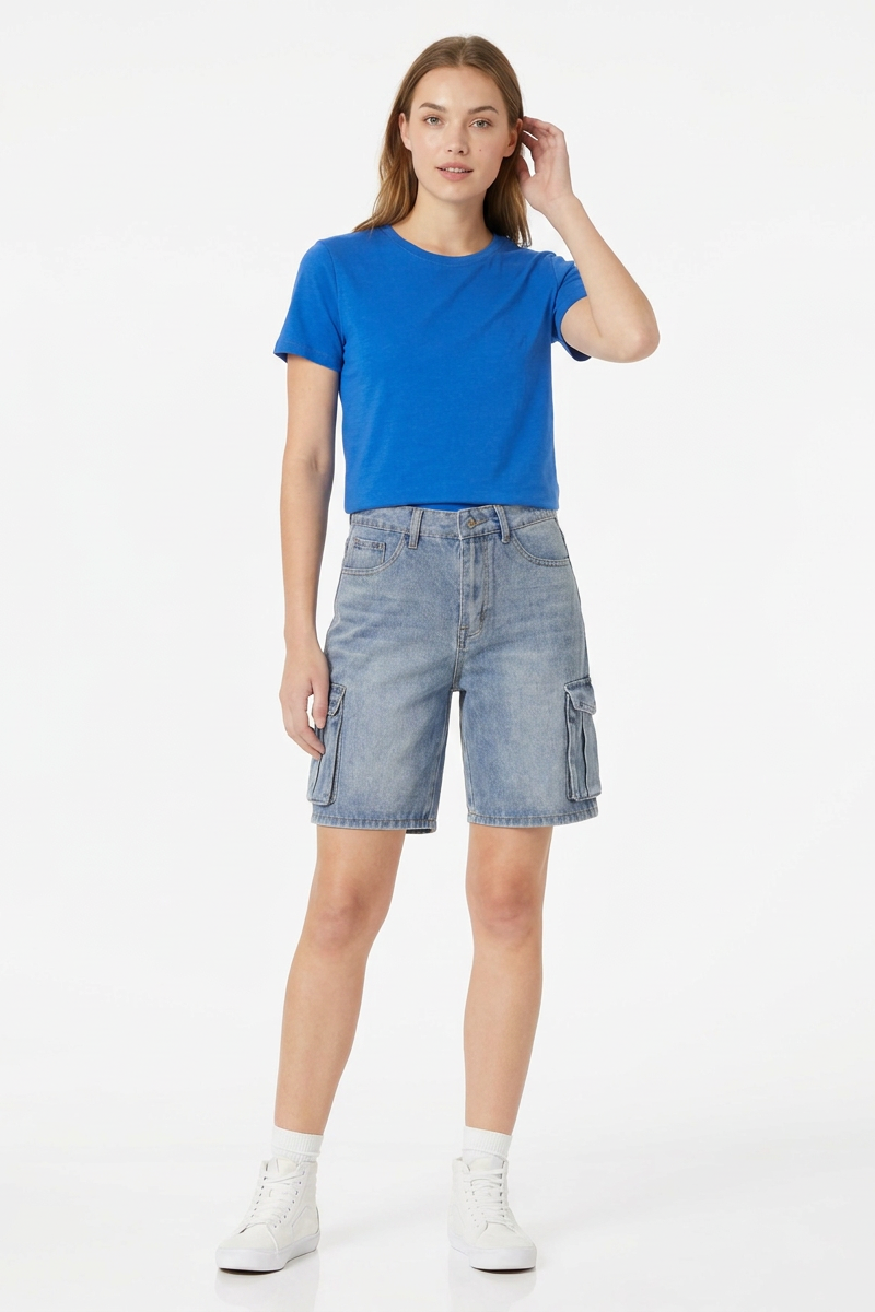Women's Relaxed Fit High-Waisted Cargo Denim Shorts