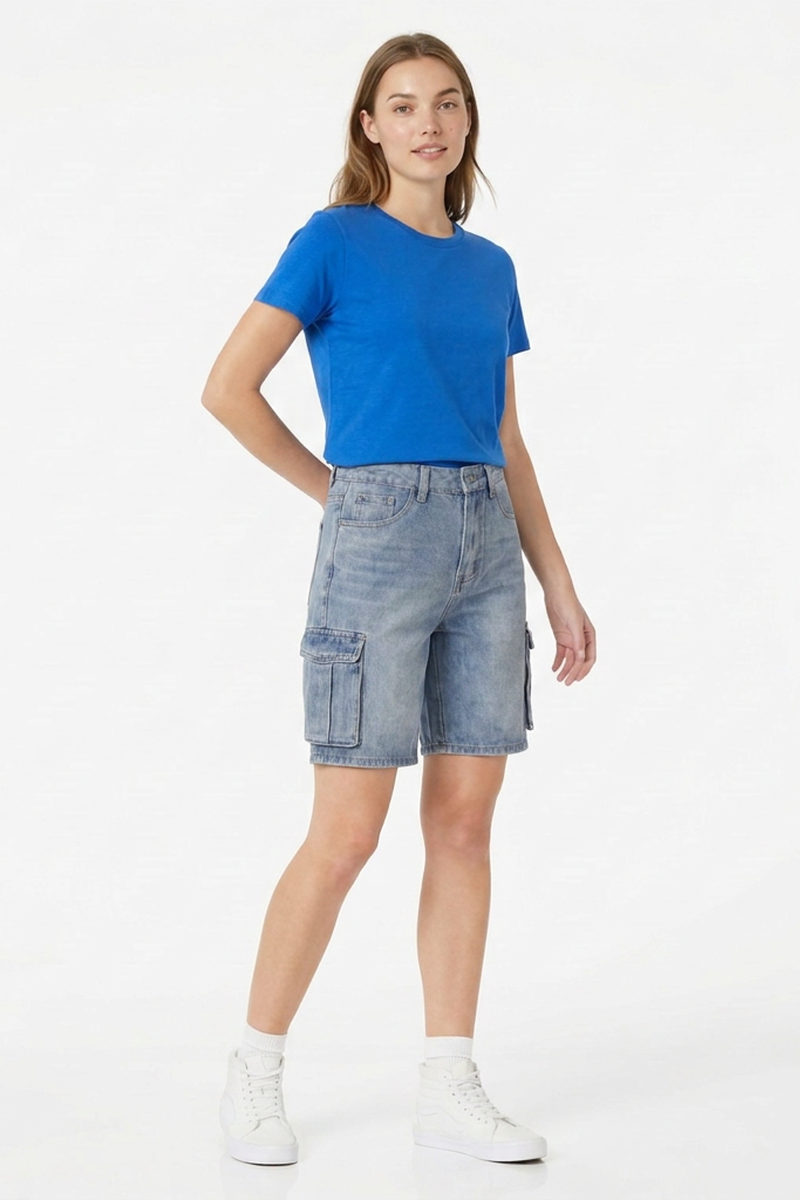 Women's Relaxed Fit High-Waisted Cargo Denim Shorts