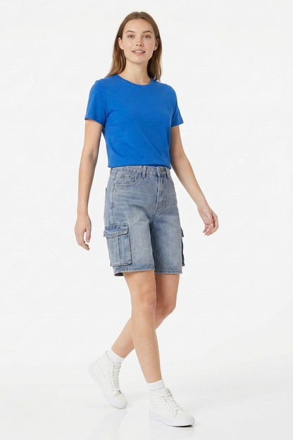 Women's Relaxed Fit High-Waisted Cargo Denim Shorts