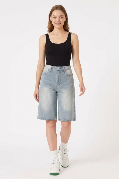 Women's Vintage High-Waisted Denim Bermuda Shorts