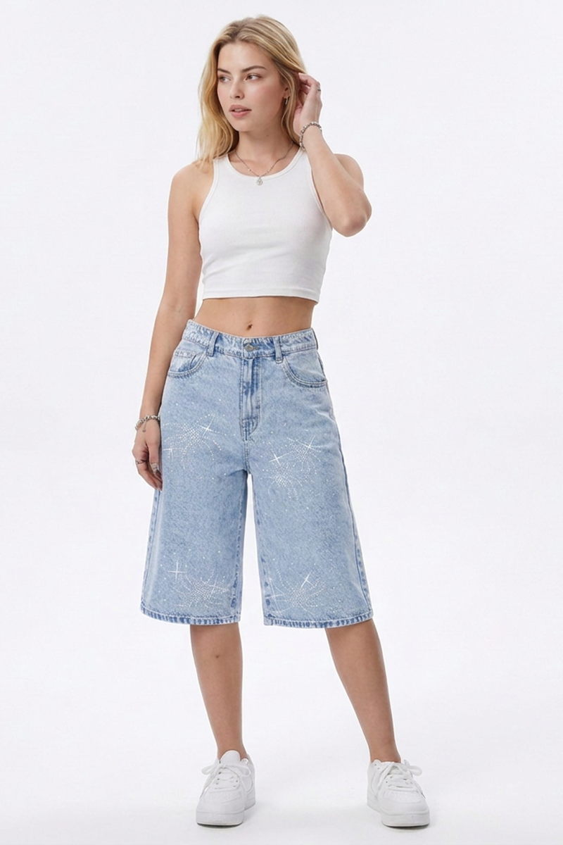 Women's Rhinestone Detail Wide-Leg Denim Bermuda Shorts