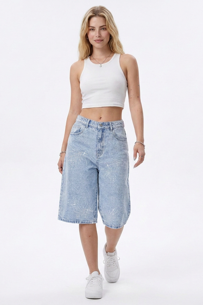 Women's Rhinestone Detail Wide-Leg Denim Bermuda Shorts