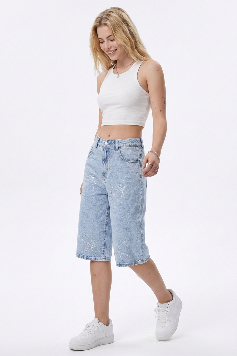 Women's Rhinestone Detail Wide-Leg Denim Bermuda Shorts