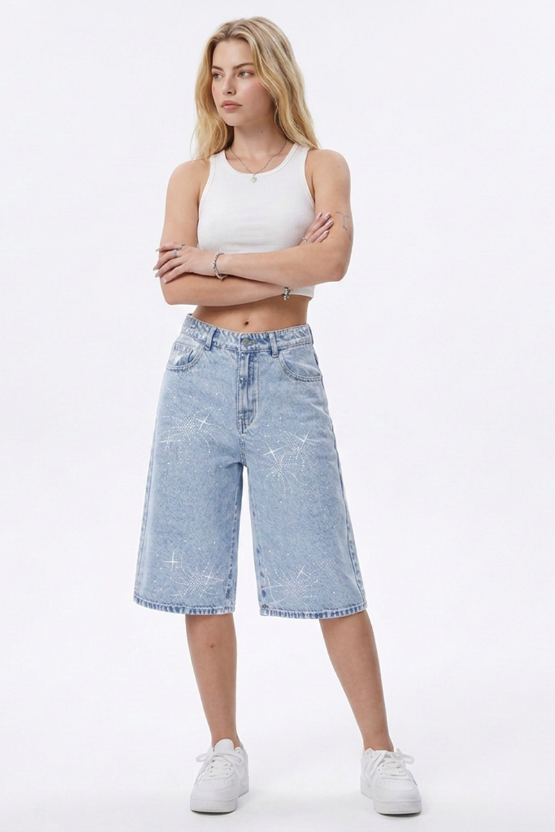 Women's Rhinestone Detail Wide-Leg Denim Bermuda Shorts