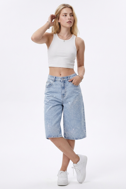 Women's Rhinestone Detail Wide-Leg Denim Bermuda Shorts