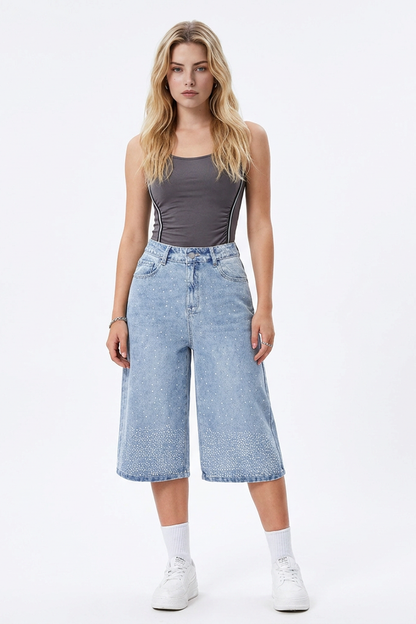 Women's High-Waisted Rhinestone DetailWide-Leg Denim Shorts