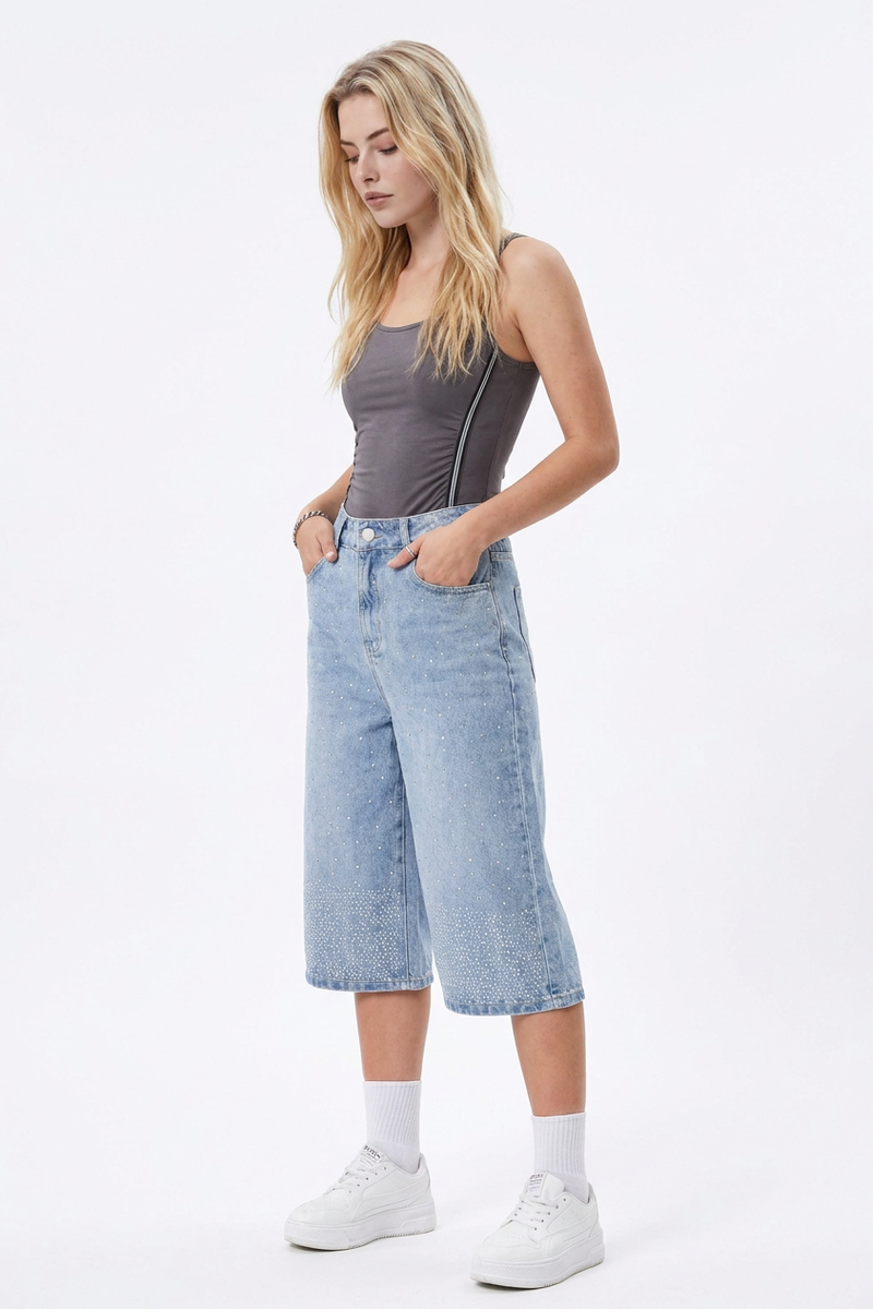 Women's High-Waisted Rhinestone DetailWide-Leg Denim Shorts