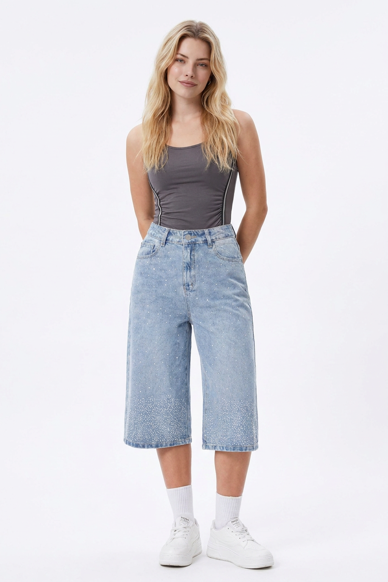 Women's High-Waisted Rhinestone DetailWide-Leg Denim Shorts