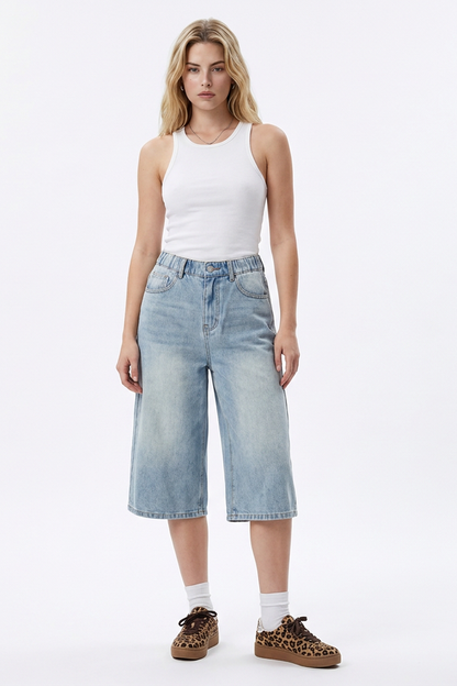 Women's High-Waisted Loose Fit Bermuda Denim Shorts