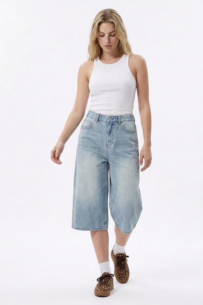Women's High-Waisted Loose Fit Bermuda Denim Shorts