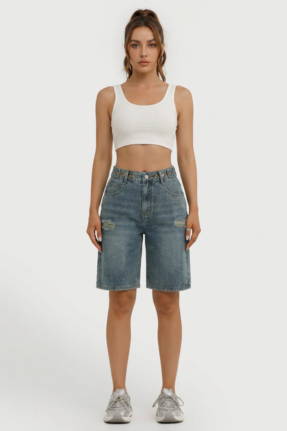 Women's Distressed High-Waisted Knee-Length Denim Shorts