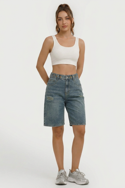 Women's Distressed High-Waisted Knee-Length Denim Shorts