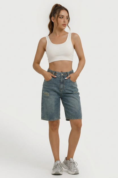 Women's Distressed High-Waisted Knee-Length Denim Shorts