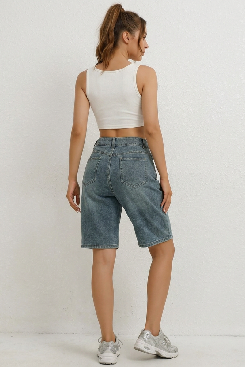 Women's Distressed High-Waisted Knee-Length Denim Shorts