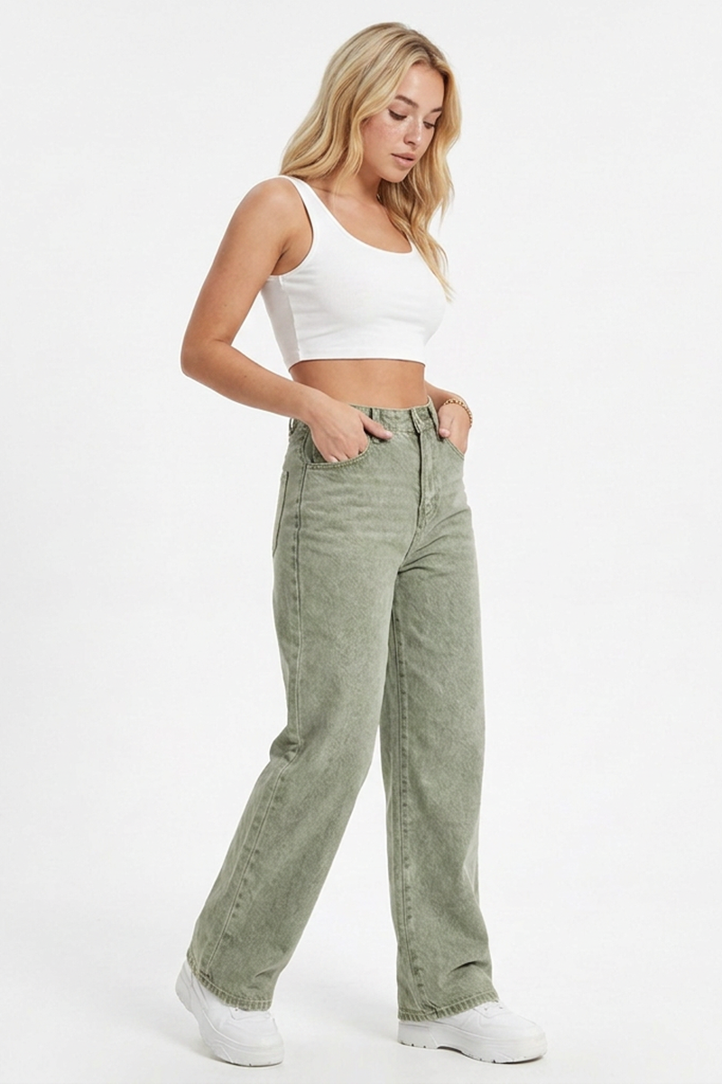 Women's Grey-Green High-Waisted Straight-Leg Jeans