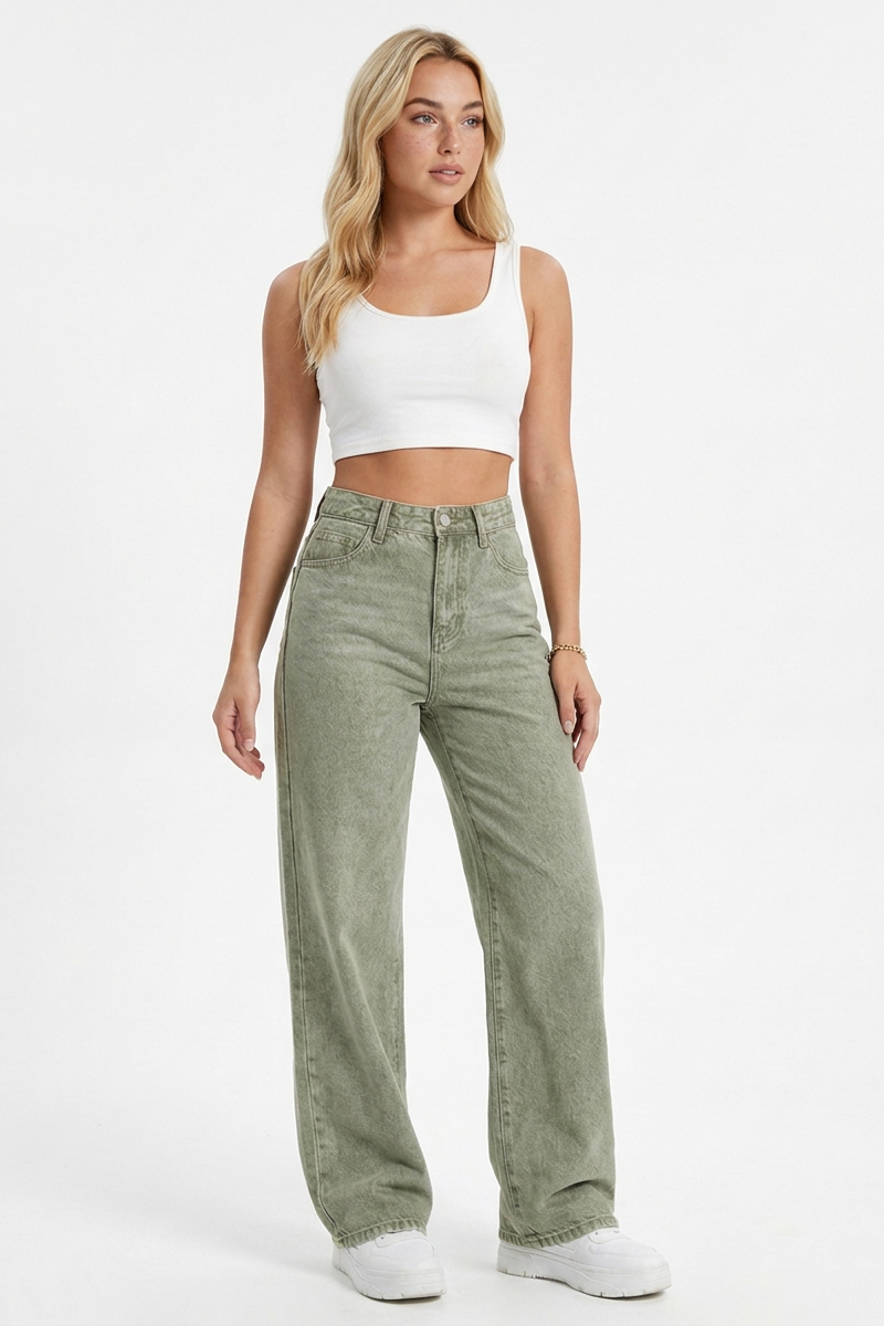 Women's Grey-Green High-Waisted Straight-Leg Jeans