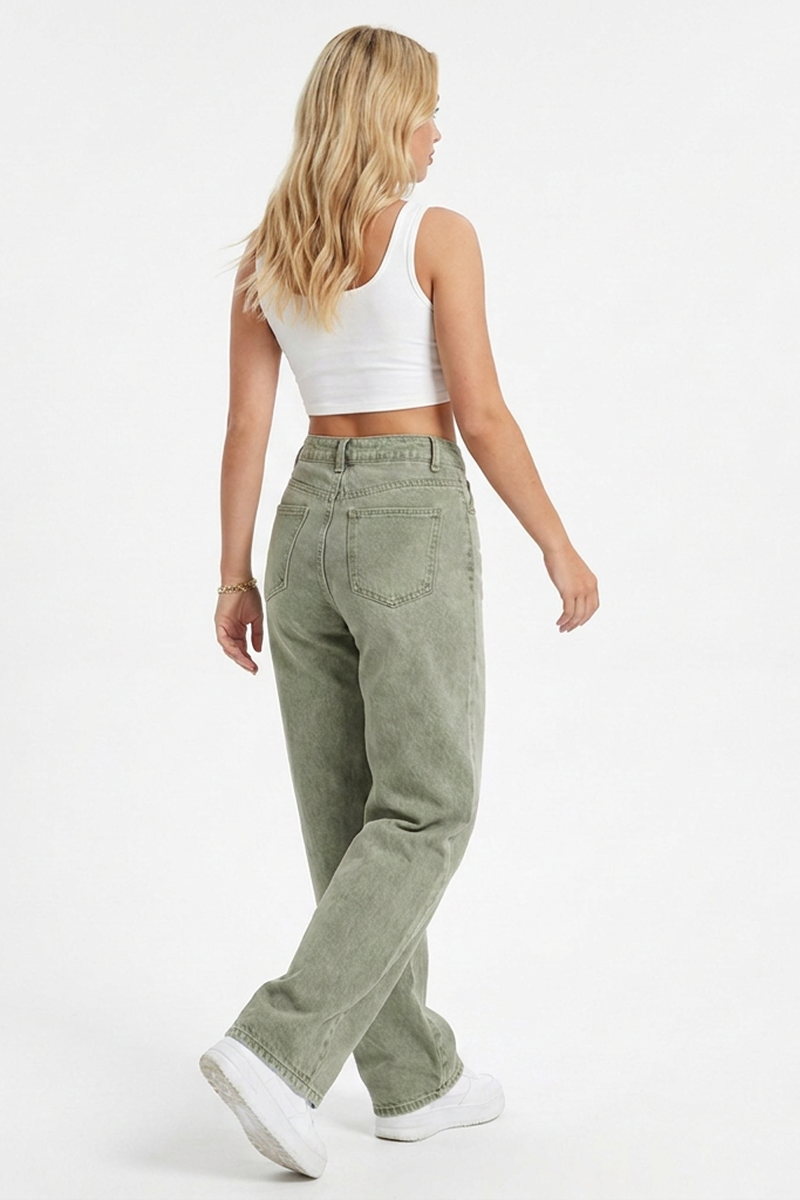 Women's Grey-Green High-Waisted Straight-Leg Jeans