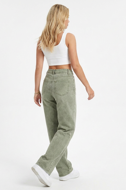 Women's Grey-Green High-Waisted Straight-Leg Jeans