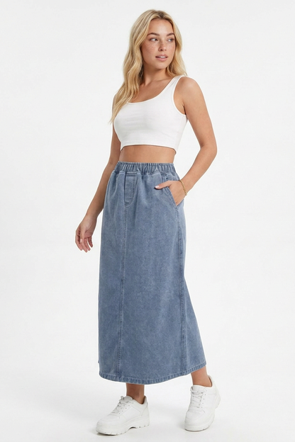 Women's Blue Vintage Wash Denim Midi Skirt
