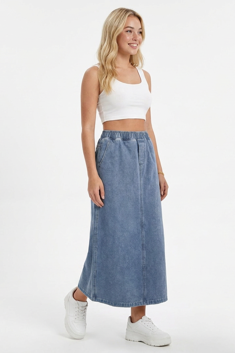 Women's Blue Vintage Wash Denim Midi Skirt