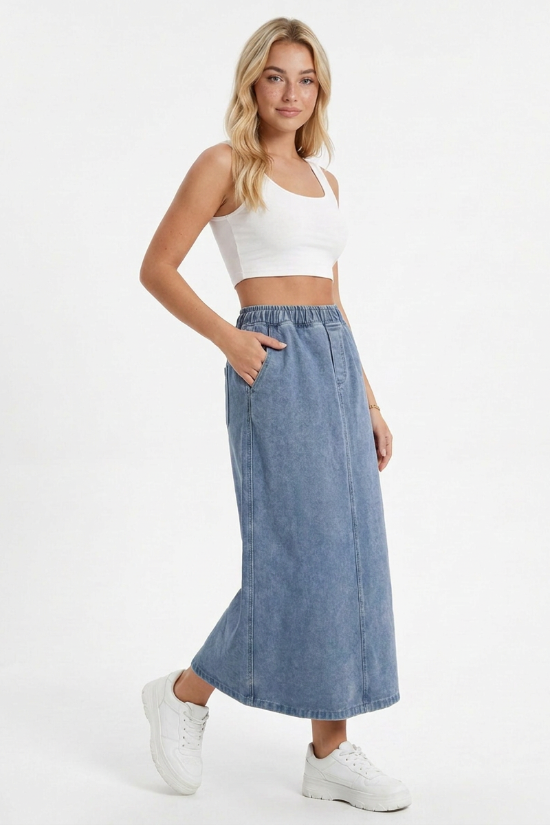 Women's Blue Vintage Wash Denim Midi Skirt