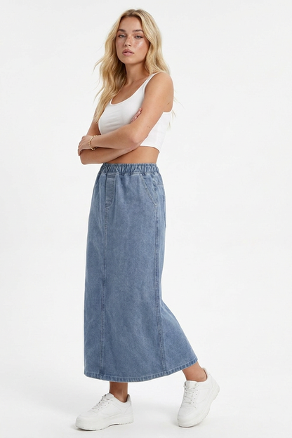 Women's Blue Vintage Wash Denim Midi Skirt