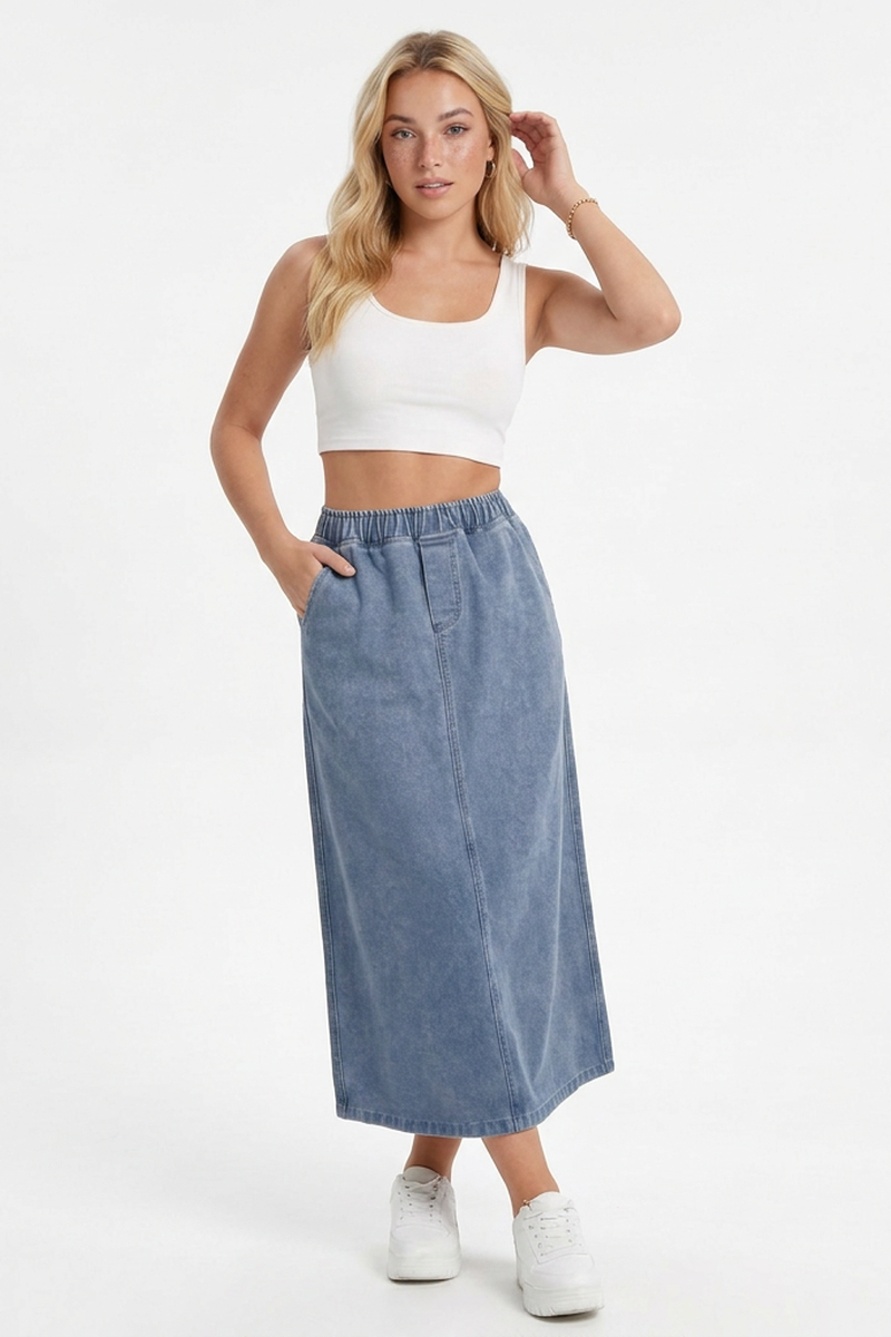 Women's Blue Vintage Wash Denim Midi Skirt