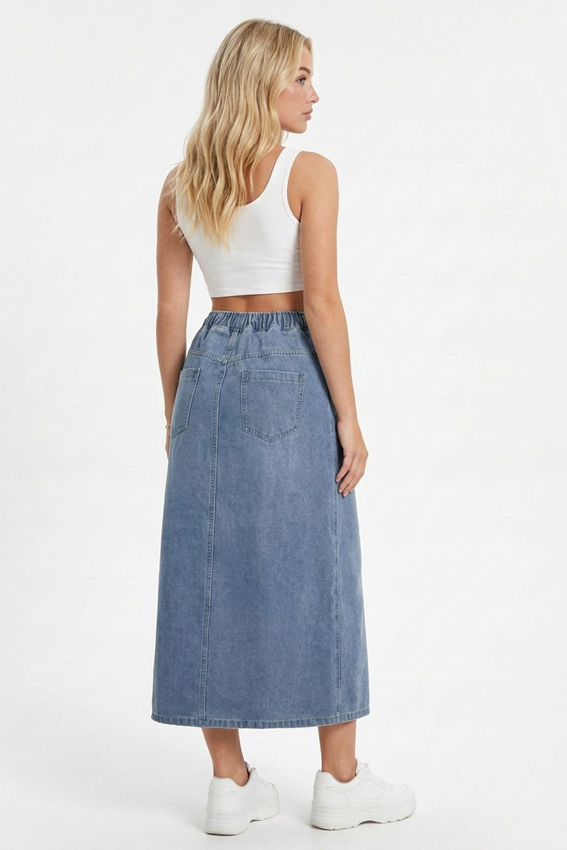 Women's Blue Vintage Wash Denim Midi Skirt