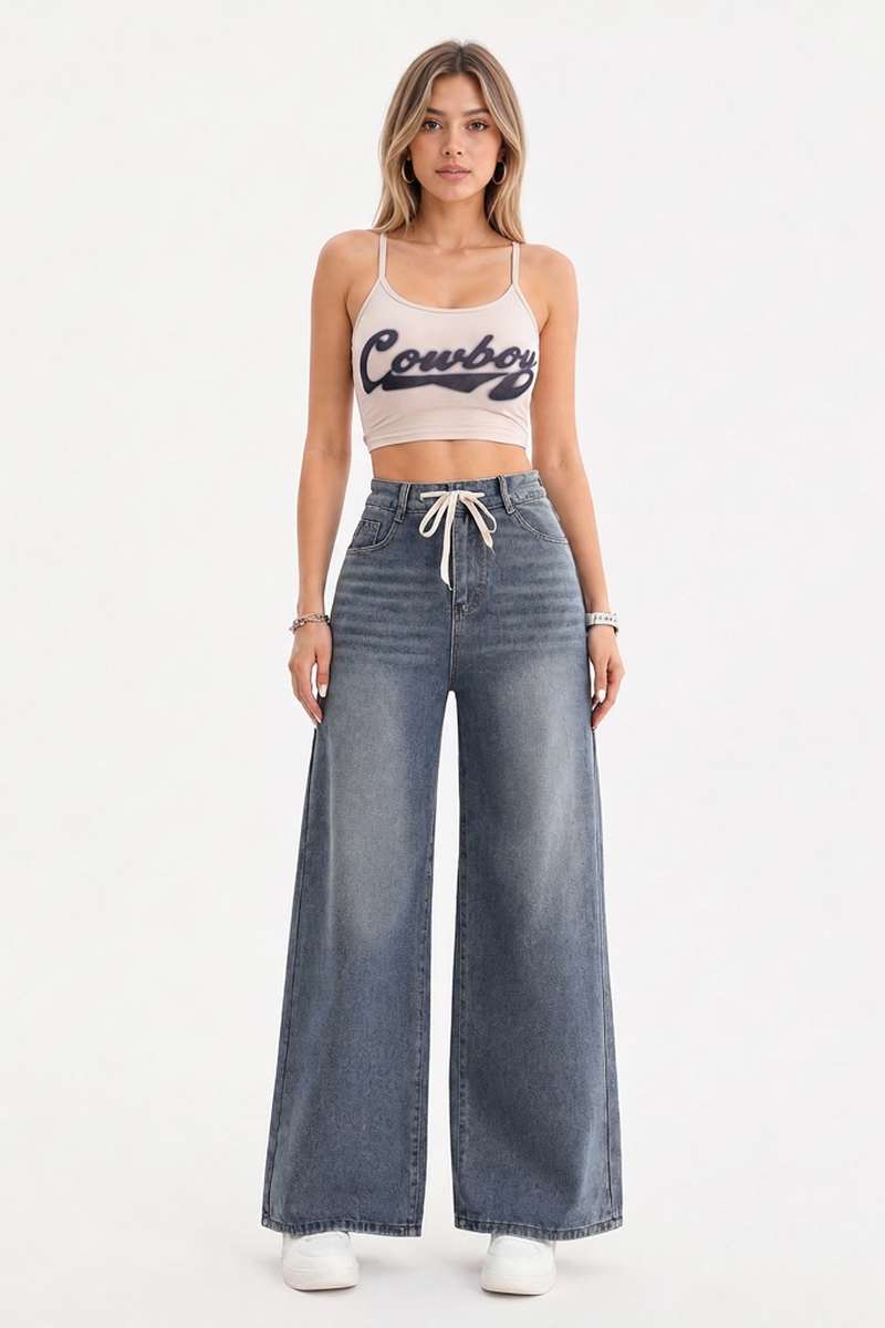 Women's High-Waisted Drawstring Wide-Leg Jeans