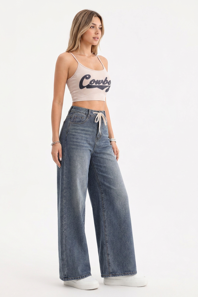 Women's High-Waisted Drawstring Wide-Leg Jeans