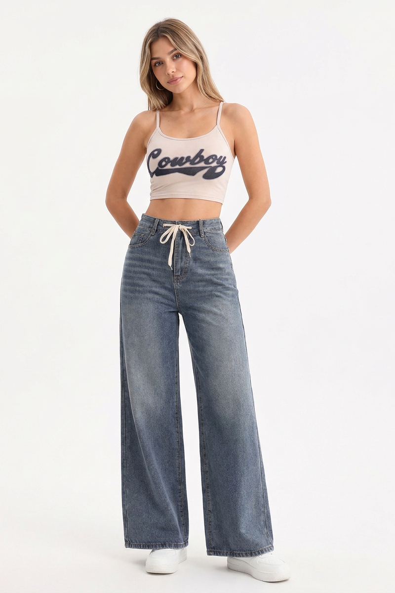 Women's High-Waisted Drawstring Wide-Leg Jeans