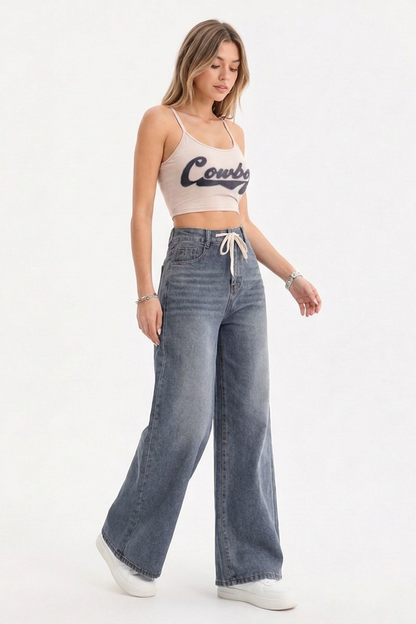 Women's High-Waisted Drawstring Wide-Leg Jeans