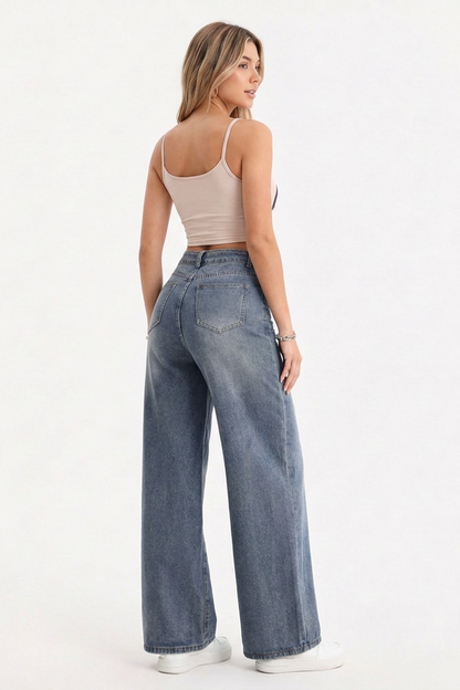 Women's High-Waisted Drawstring Wide-Leg Jeans