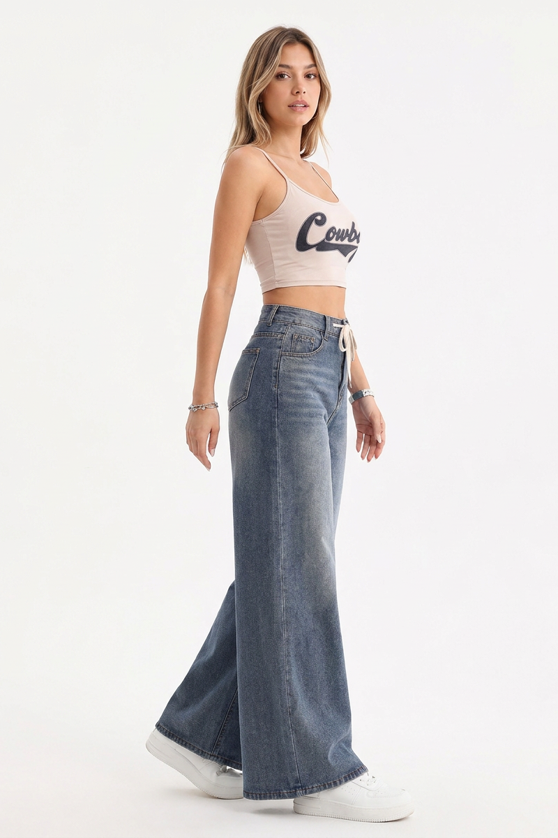 Women's High-Waisted Drawstring Wide-Leg Jeans