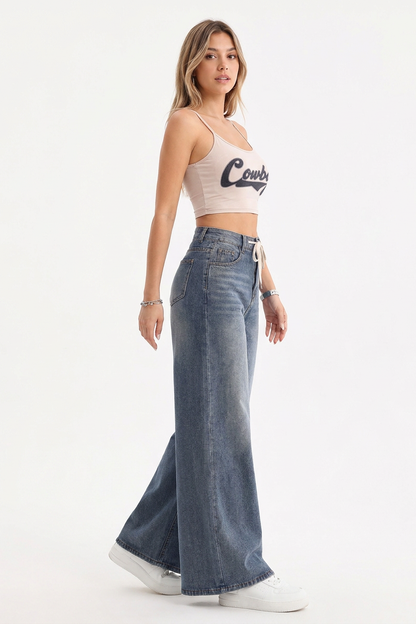 Women's High-Waisted Drawstring Wide-Leg Jeans