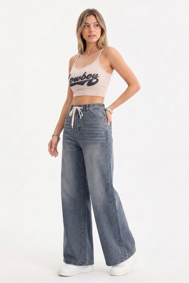 Women's High-Waisted Drawstring Wide-Leg Jeans