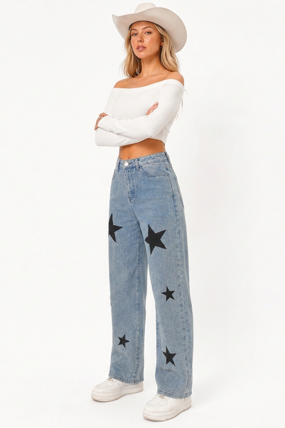 Women's High-Waisted Star Print Straight-Leg Jeans