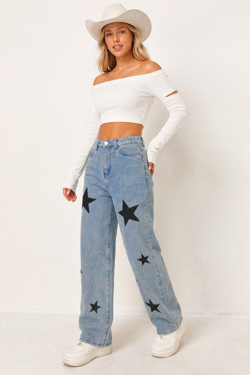 Women's High-Waisted Star Print Straight-Leg Jeans