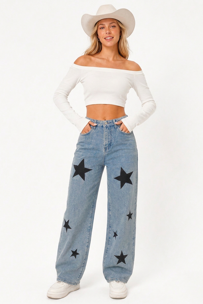 Women's High-Waisted Star Print Straight-Leg Jeans