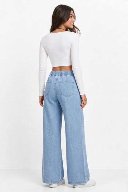 Women's Elastic Waist Wide-Leg Jeans
